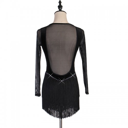 Women black velvet with mesh v neck competition latin dance dresses long sleeves see through back rumba salsa chacha dance dress for female